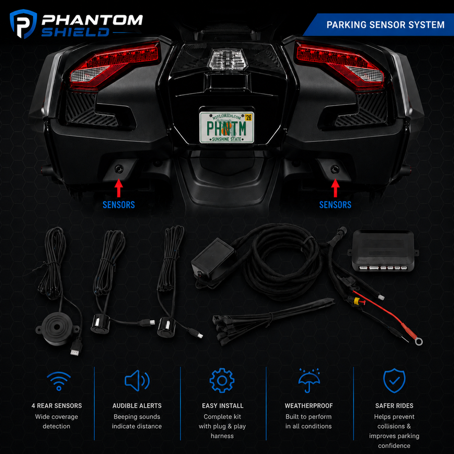 Phantom Shield Smart Backup Sensor Kit for Can-Am Spyder RT: rear sensor locations on the bike, with the kit's sensors, buzzer, control module and plug-and-play harness