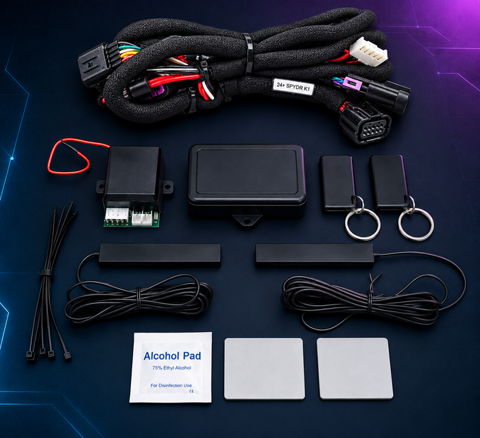 Phantom Shield Keyless Ignition System kit for 2024+ Can-Am Spyder RT and F3: 24+ Spyder wiring harness, control modules, two key fobs, two antennas, zip ties and mounting pads