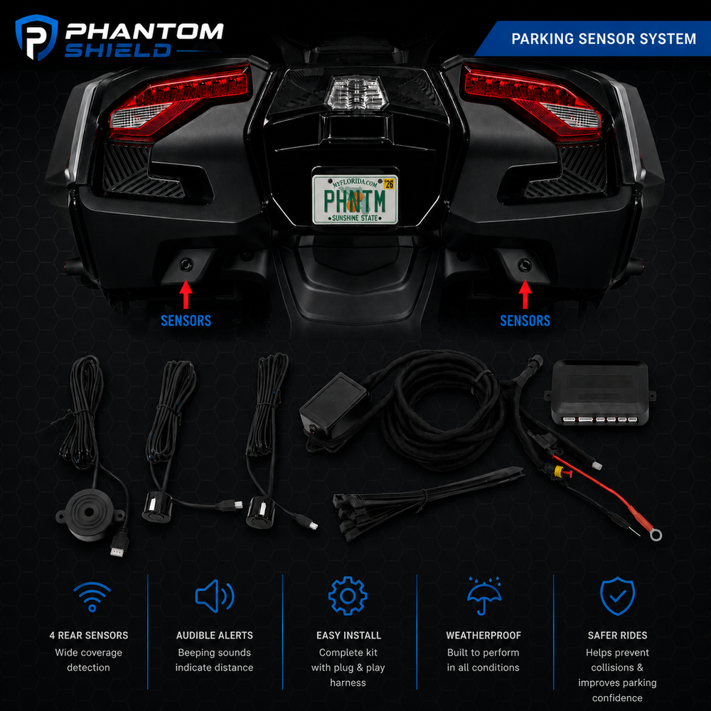 Phantom Shield Smart Backup Sensor Kit for Can-Am Spyder RT: rear sensor locations on the bike, with the kit's sensors, buzzer, control module and plug-and-play harness
