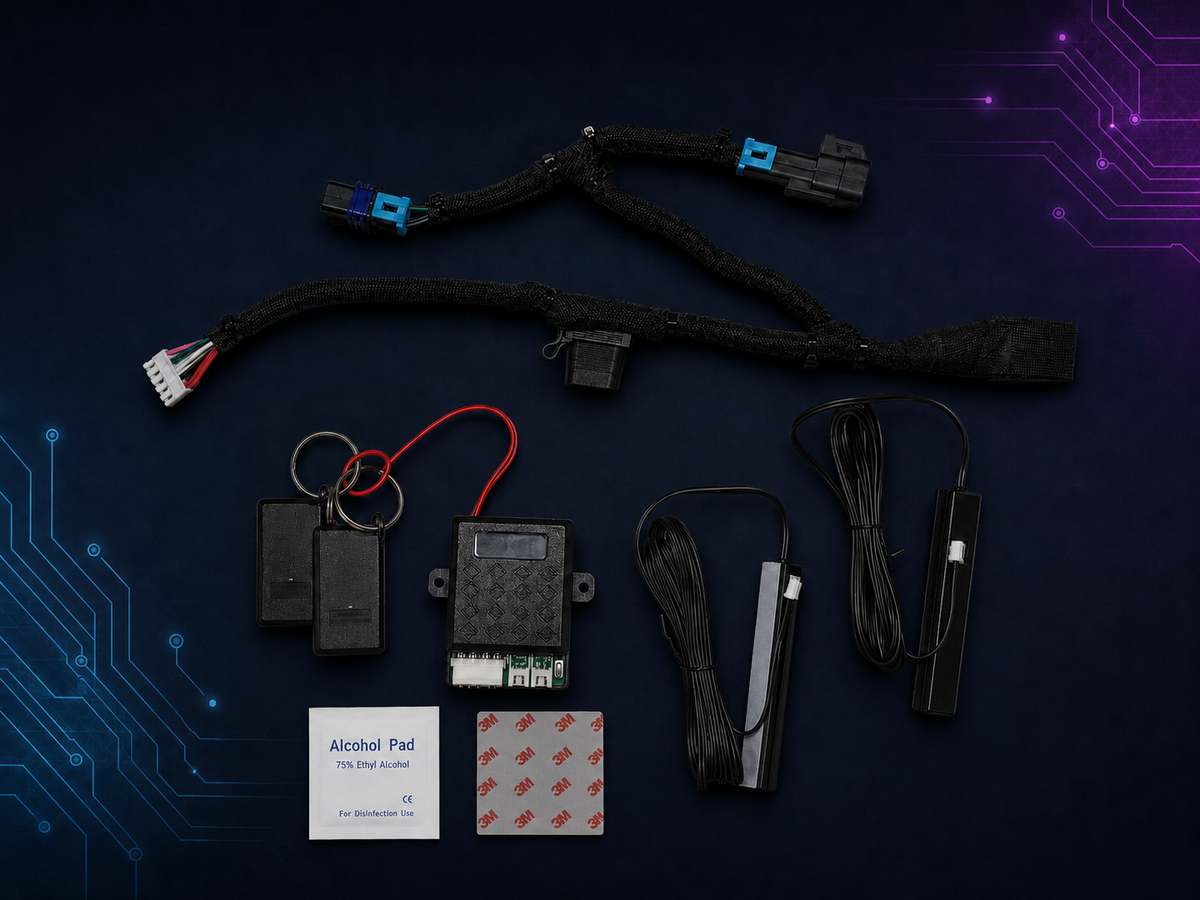 Phantom Shield Proximity Immobilizer kit: wiring harness, control module, two key fobs, two antennas, alcohol pad and adhesive pad