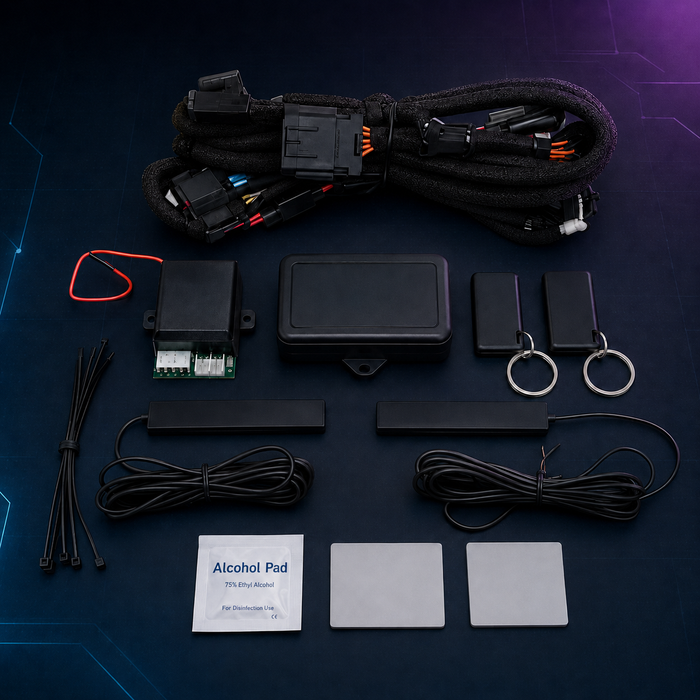 Phantom Shield Keyless Ignition System kit for 2015-2023 Can-Am Spyder F3 and RT: wiring harness, control modules, two key fobs, two antennas, zip ties and mounting pads